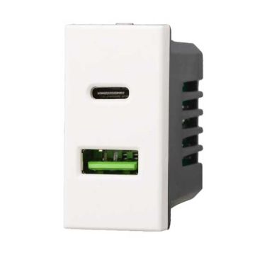 USB charger Type-A with 2 USB sockets 2IN1 Type-A + Type-C compatible Bticino Axolute 5Vdc 3.1A white color Ettroit AB3002