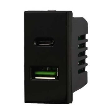 USB charger Type-A with 2 USB sockets 2IN1 Type-A + Type-C compatible Bticino Axolute 5Vdc 3.1A black color Ettroit AN3002
