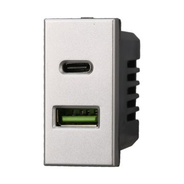 ETTROIT AG3002 USB-Ladebuchse, 2 Anschlüsse, 3,1 A, USB-A + USB Typ C, Grau, kompatibel mit Bticino Axolute