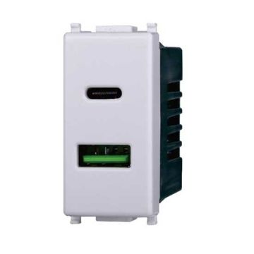 USB charger Type-A with 2 USB sockets 2IN1 Type-A + Type-C compatible Vimar Plana 5Vdc 3.1A white color Ettroit EV3002