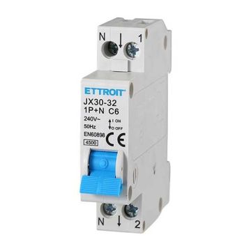 Circuit breakers Thermal-magnetic for protection 1P+N 6A 220V Salvavita 1 Modules DIN Ettroit JX30-32-1P+N-6A