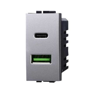 USB charger Type-A with 2 USB sockets 2IN1 Type-A + Type-C compatible Bticino Livinglight 5Vdc 3.1A tech color