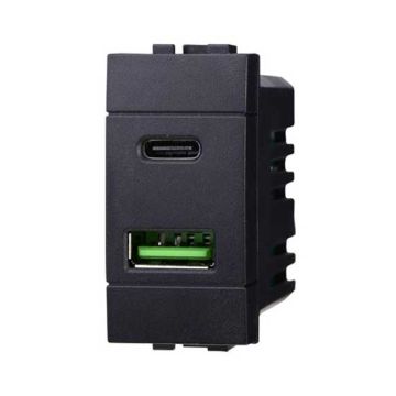 Chargeur avec 2 prises USB Type-A + Type-C compatible Bticino Livinglight 5Vdc 3.1A couleur noir