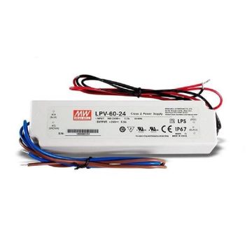 Meanwell Constant voltage switching LED power supply 60W 24Vdc 2.5A Waterproof IP67 - LPV-60-24