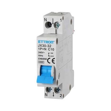 Circuit breakers Thermal-magnetic for protection 1P+N 10A 220V Salvavita 1 Modules DIN Ettroit JX30-32-1P+N-10A