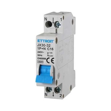 Circuit breakers Thermal-magnetic for protection 1P+N 16A 220V Salvavita 1 Modules DIN Ettroit JX30-32-1P+N-16A