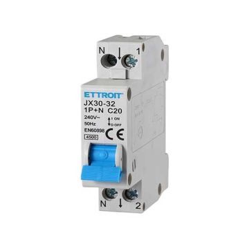 Circuit breakers Thermal-magnetic for protection 1P+N 20A 220V Salvavita 1 Modules DIN Ettroit JX30-32-1P+N-20A