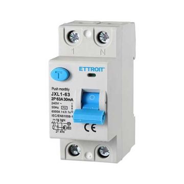 Earth leakage circuit breaker 2P 63A 6kA 30mA 220V Salvavita 2 Modules DIN Ettroit JXL1-63-2P-63A