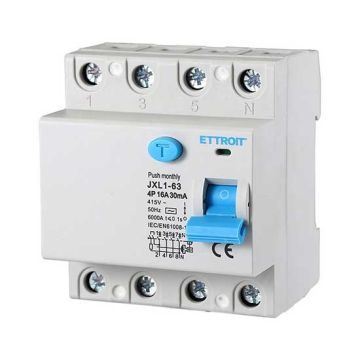 Earth leakage circuit breaker 4P 16A 6kA 30mA 380V Salvavita 4 Modules DIN Ettroit JXL1-63-4P-16A