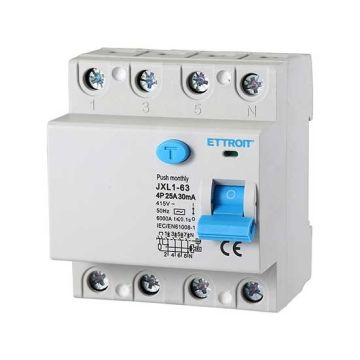 Interrupteur différentiel pur 4P 25A 6kA 30mA 380V Salvavita 4 Modules DIN Ettroit JXL1-63-4P-25A