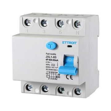 Interrupteur différentiel pur 4P 40A 6kA 30mA 380V Salvavita 4 Modules DIN Ettroit JXL1-63-4P-40A