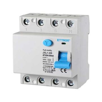 Earth leakage circuit breaker 4P 63A 6kA 30mA 380V Salvavita 4 Modules DIN Ettroit JXL1-63-4P-63A