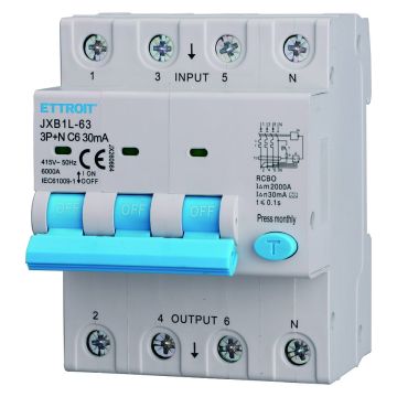 ETTROIT Interruttore Magnetotermico-Differenziale 3P+N 6A 30mA 380V-6KA CLASSE A - JX260664