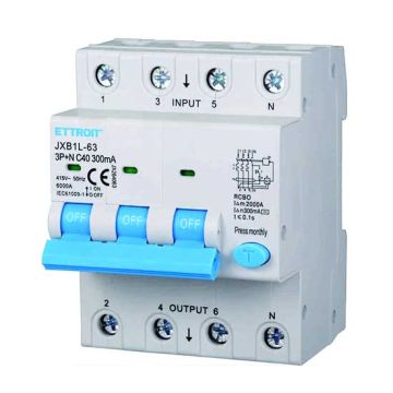 Differential circuit breaker 3P+N 40A 6kA 300mA 380V occupies 4 DIN modules Ettroit JX264063