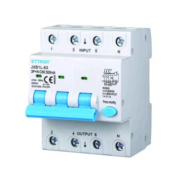 Differential circuit breaker 3P+N 50A 6kA 300mA 380V occupies 4 DIN modules Ettroit JX265063