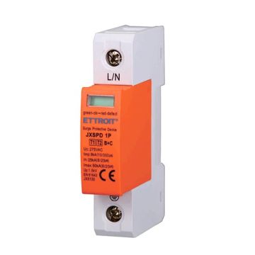 Descargador de sobretensiones 220V Tipo T1+T2 B+C 1P Polo 275V 25kA-50kA Ocupa 1 Módulo DIN Ettroit JX5130